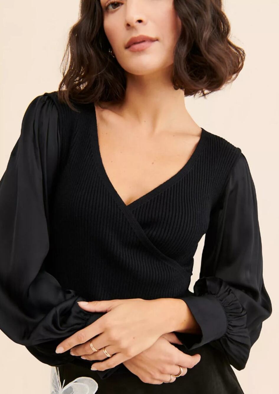 NWT Anthropologie Twofer Black Ribbed Wrap V-neck Blouse Puff Sleeves Women's XS